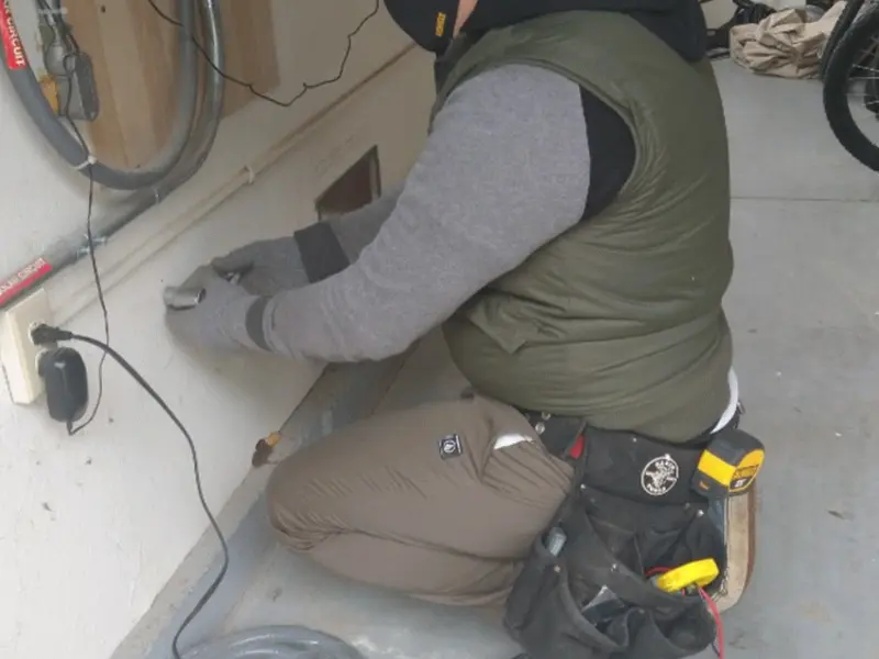 Electrician performing outlet wiring in a Wetumpka garage
